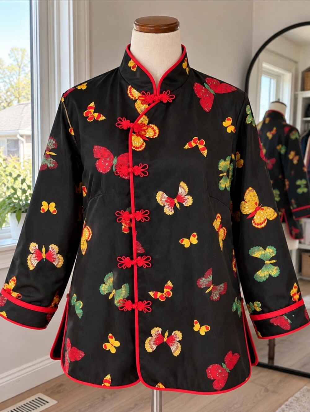 Women’s Handmade Butterfly Print Jacket Red Trim Frog Closures